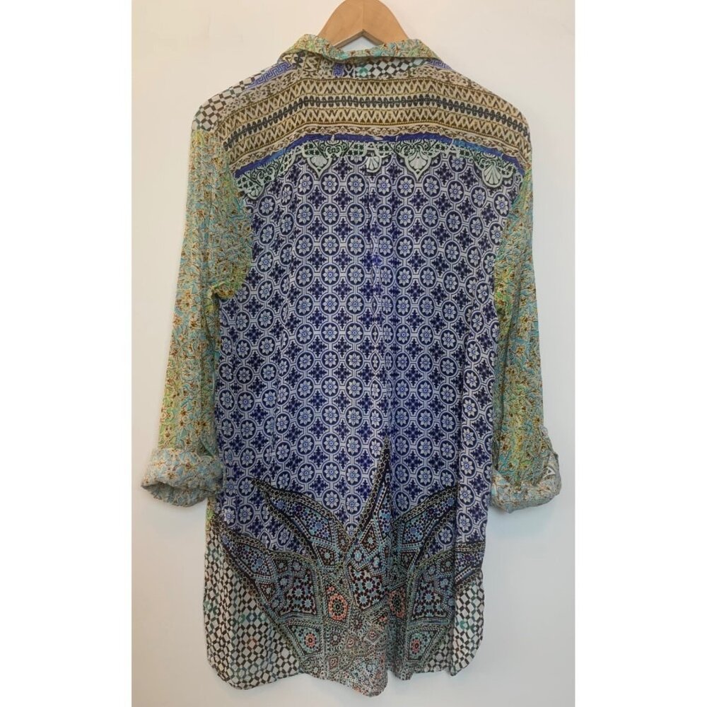 JAYSHREE DALAL Women's Tunic Colorful Mixed Pattern Roll Tab Sleeve Gems Sz L/XL - Picture 4 of 11